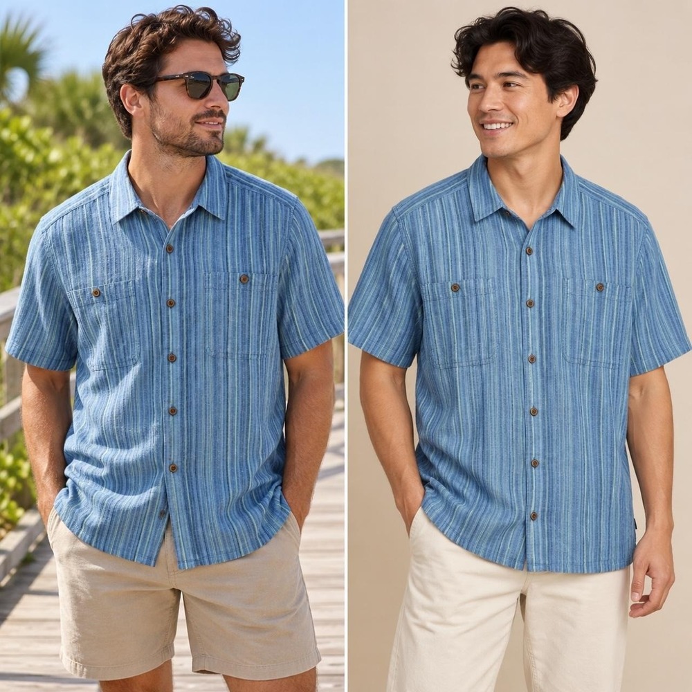 Patagonia Button Up Shirt Men's L Blue Stripe Hemp Organic Cotton Short Sleeve